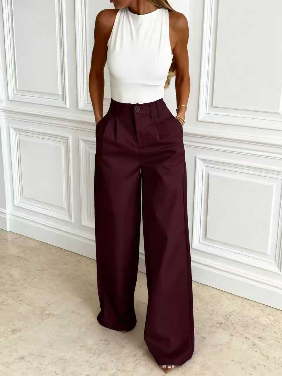 Fashion new solid color explosion with belt ring trousers