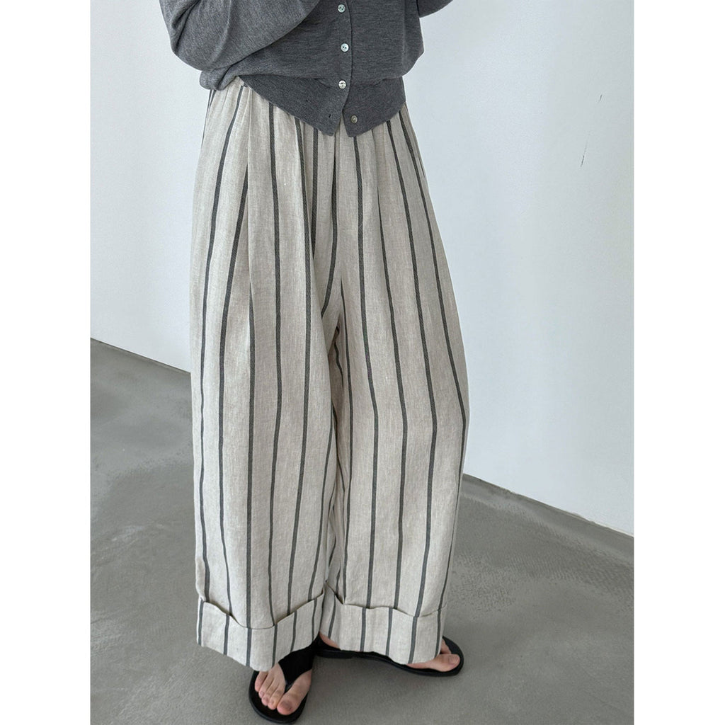 Japanese retro linen crimped casual pants spring new vertical striped nine-point wide-leg pants
