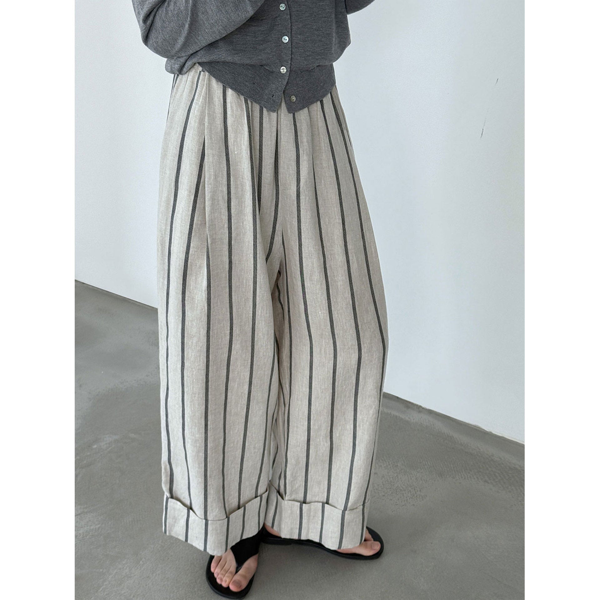 Japanese retro linen crimped casual pants spring new vertical striped nine-point wide-leg pants