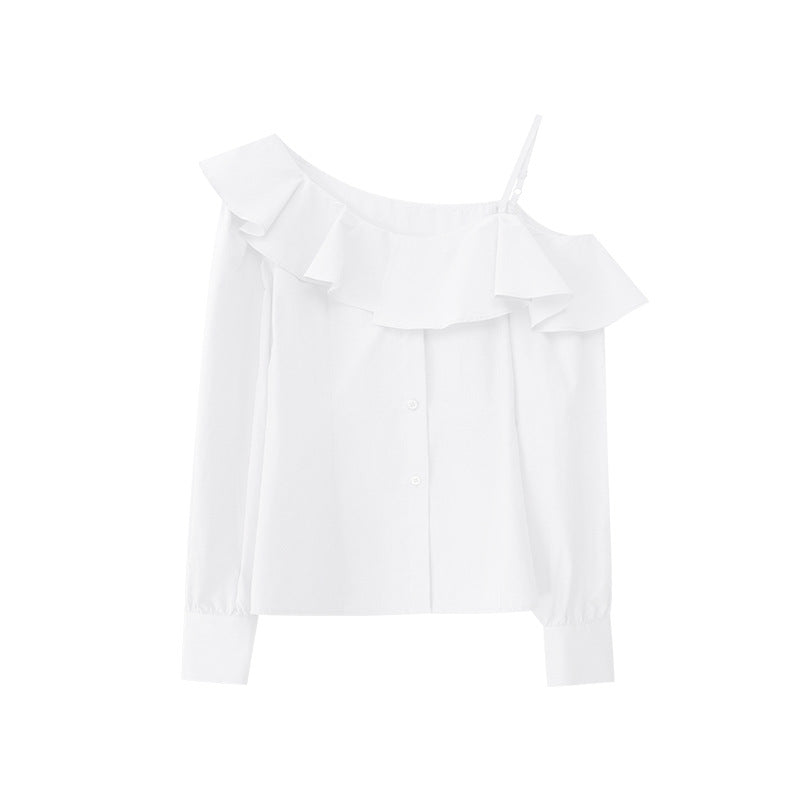 Temperament ruffle edge long-sleeved off-shoulder shirt