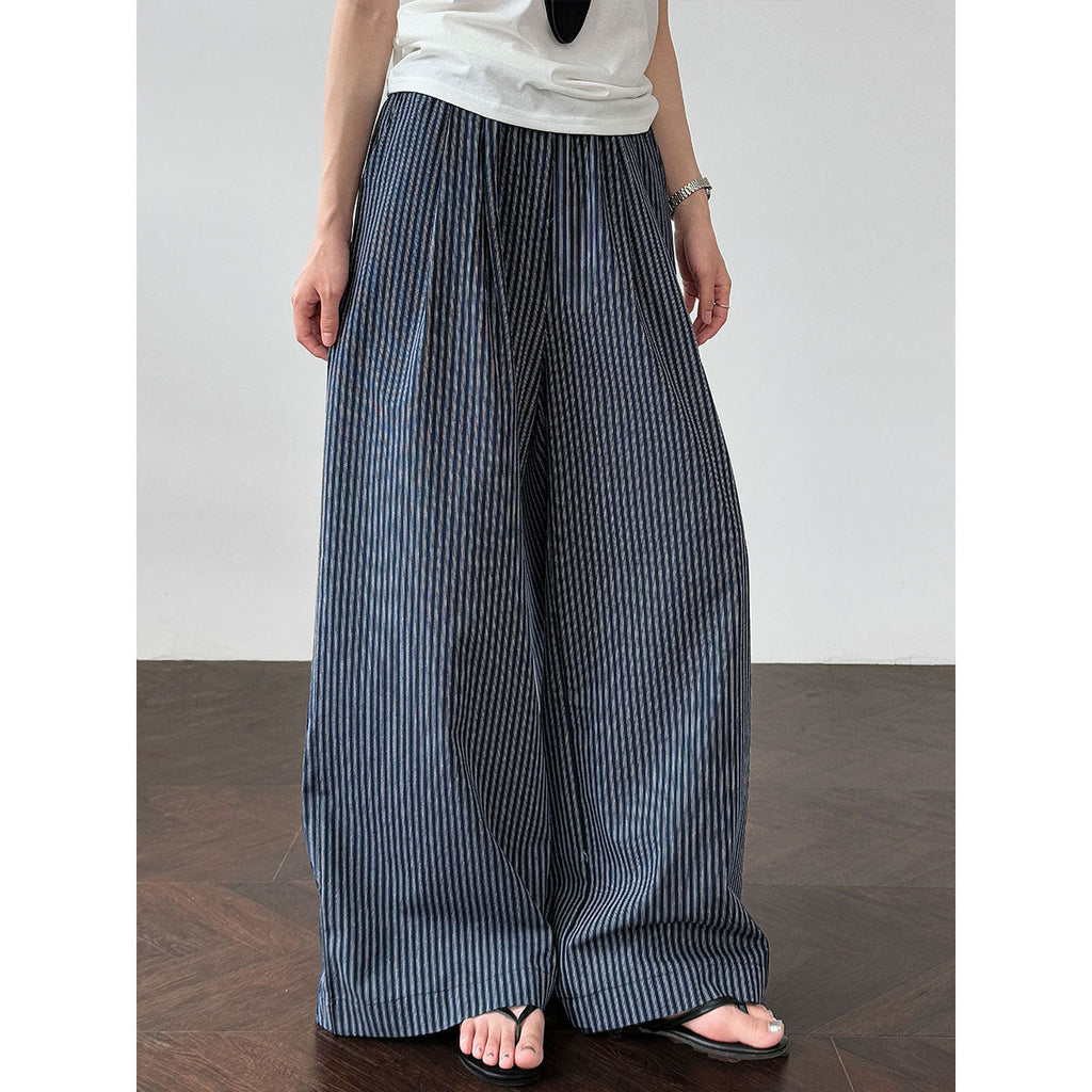 Korean vertical striped thin wide-leg pants women's summer new cotton lazy versatile mopping straight-leg pants
