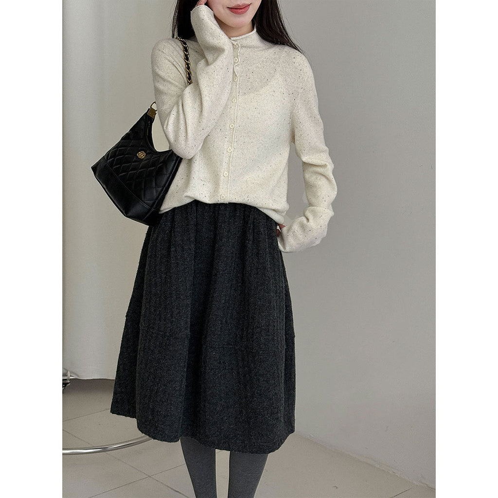100 wool rolled hem single breasted knitting shirt women's winter half turtleneck sweatercardigan bottomtops