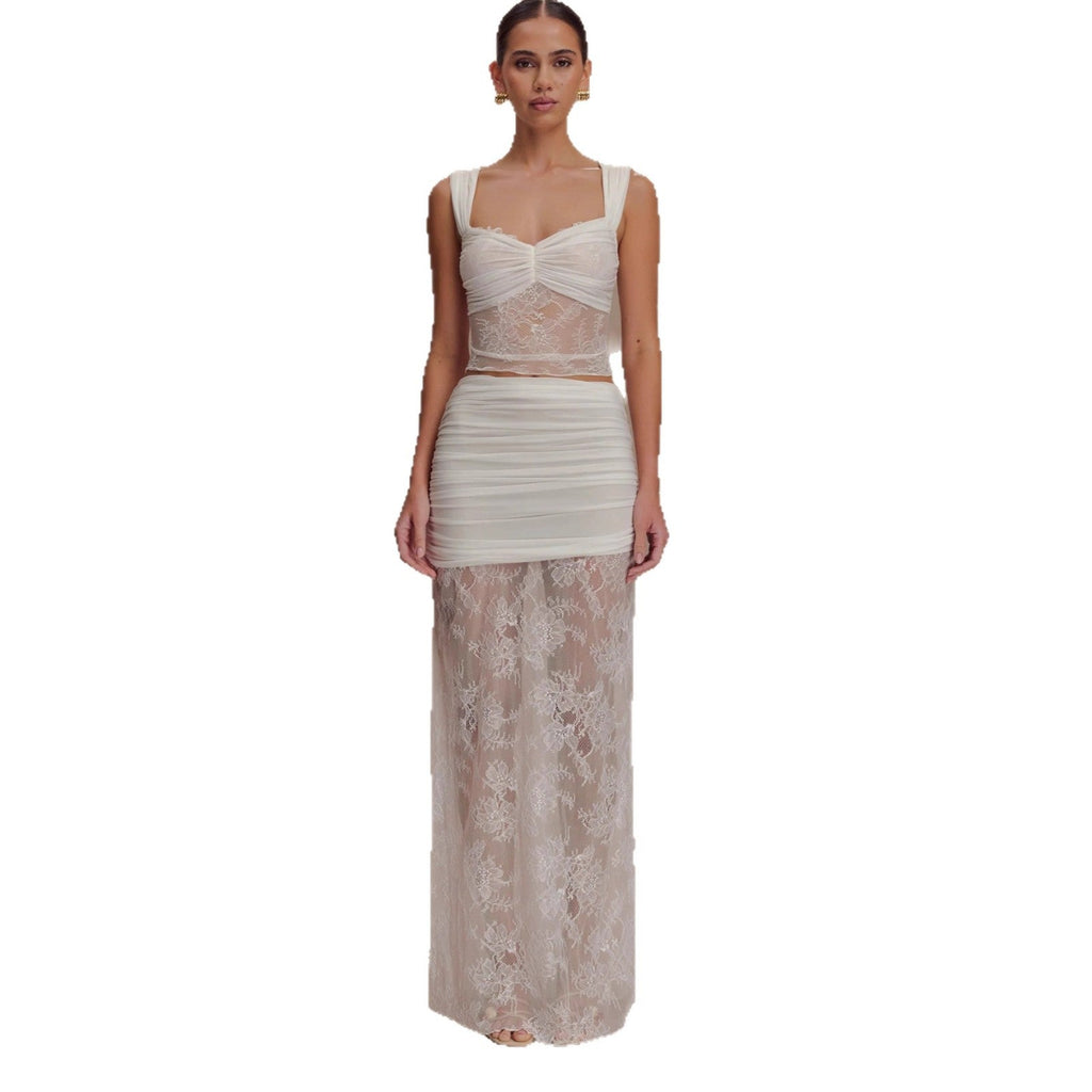 Fashion temperament lace suit skirt sexy hottie see-through top skirt two-piece suit women
