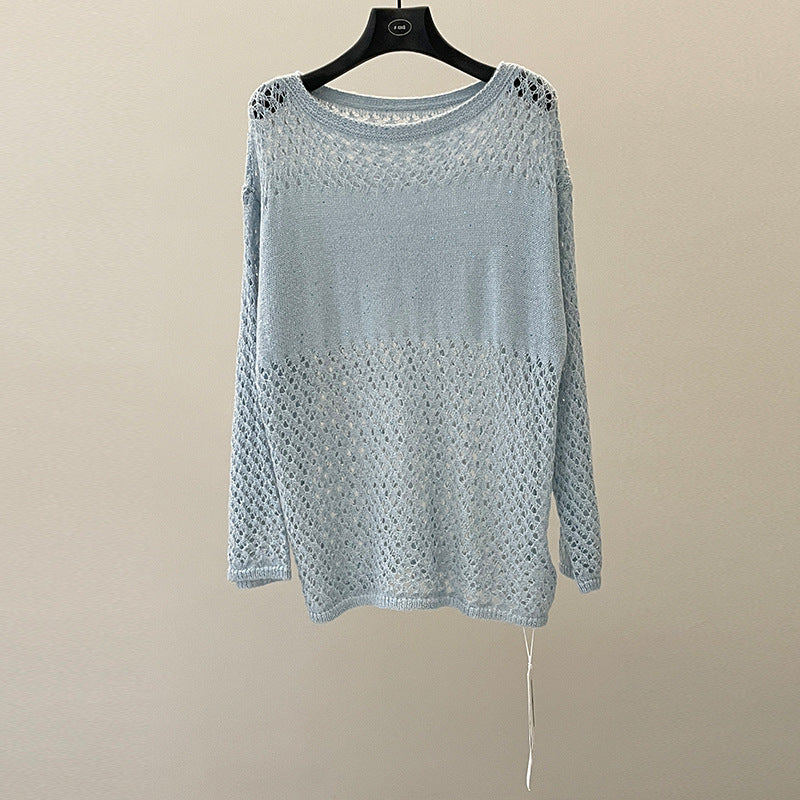 White hollow knitted sweater women's spring lazy wind loose sequined sunscreen blouse