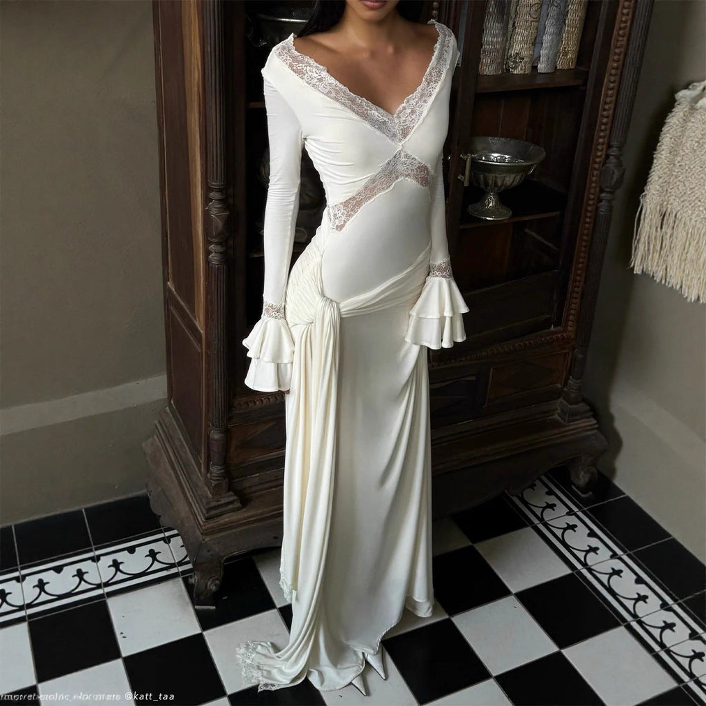 New Fashion Lace Sexy Spice Girl Long Dress Flared Sleeve Slim Splicing Dress Women