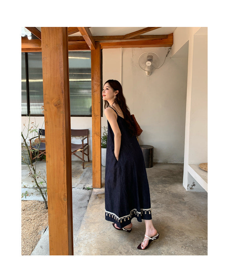 Strap temperament fringed edge suspender dress