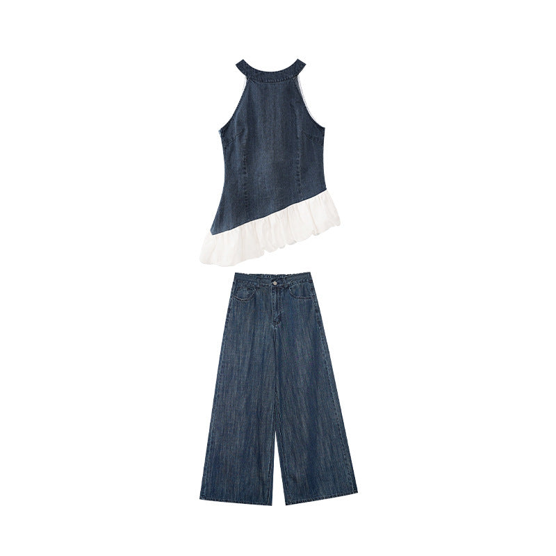 Retro fashion suit female high-end denim two-piece set
