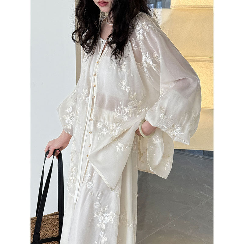 Embroidered shirt skirt set women's summer new heavy industry sunscreen two-piece set