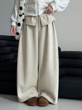 Korean style thickened wool blend wide-leg pants with patchwork detail - women's winter design, warm and casual trousers