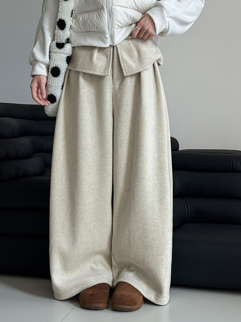 Korean style thickened wool blend wide-leg pants with patchwork detail - women's winter design, warm and casual trousers