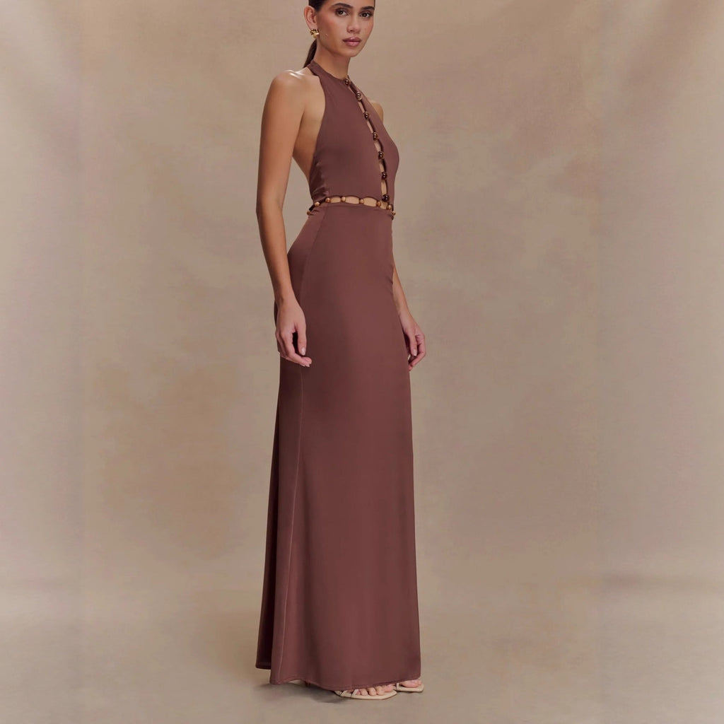 Fashion Splicing Beaded Neck Hip Wrap Skirt Backless Sexy Spice Girl Dress