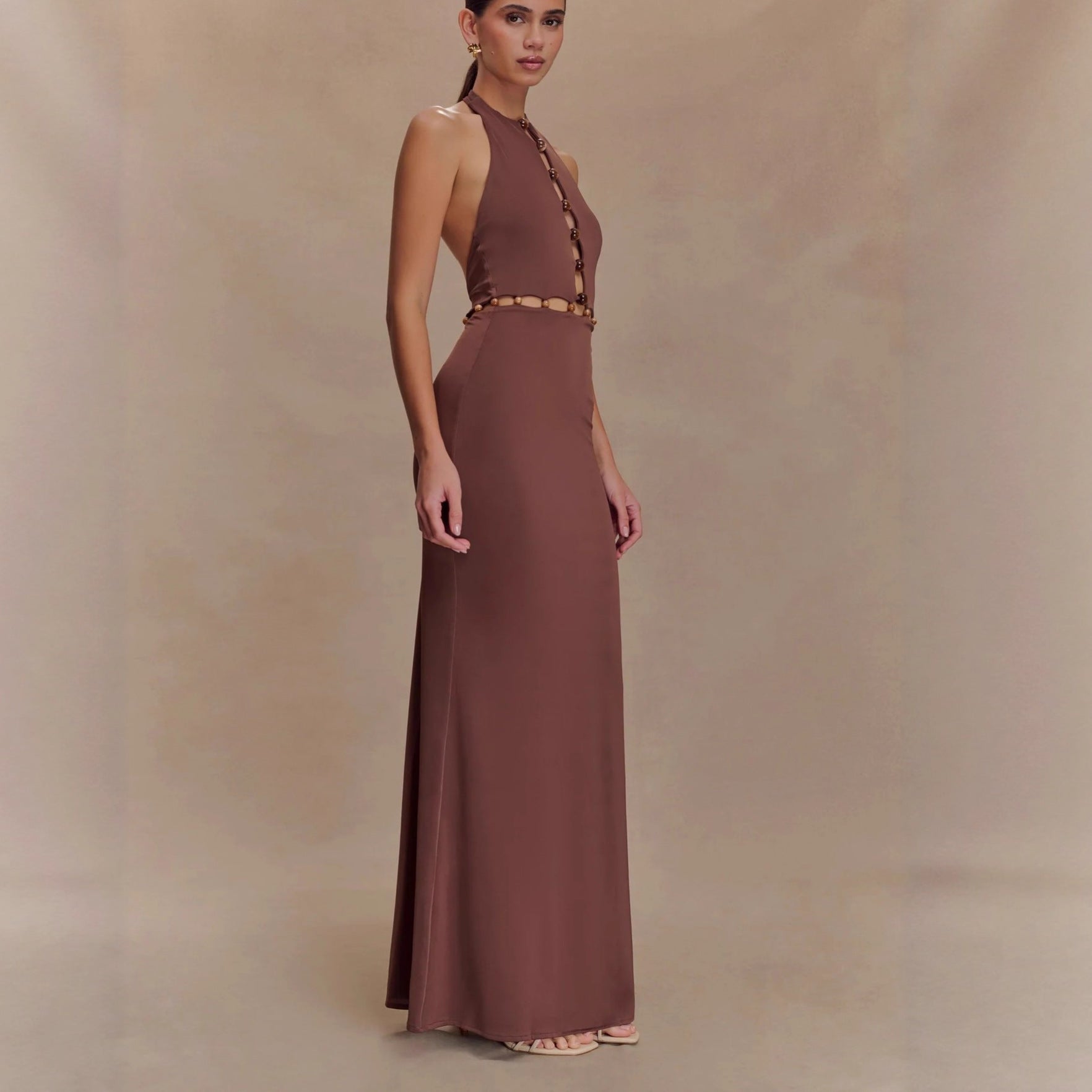 Fashion Splicing Beaded Neck Hip Wrap Skirt Backless Sexy Spice Girl Dress