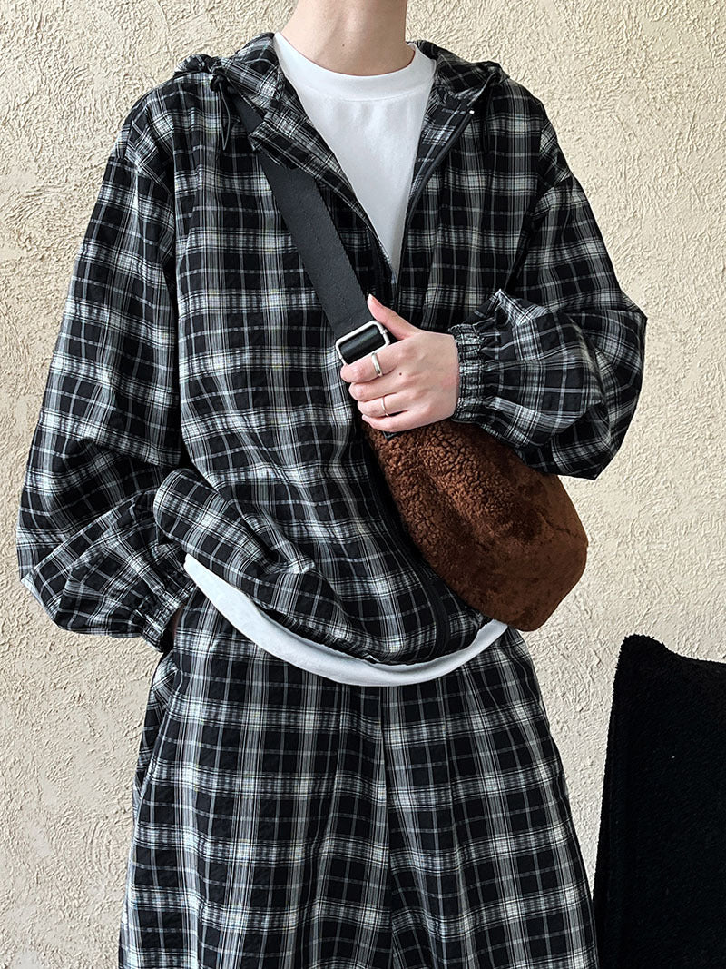 Vintage contrasting plaid jacket women's 2024 autumn new long-sleeved loose drawstring hooded top