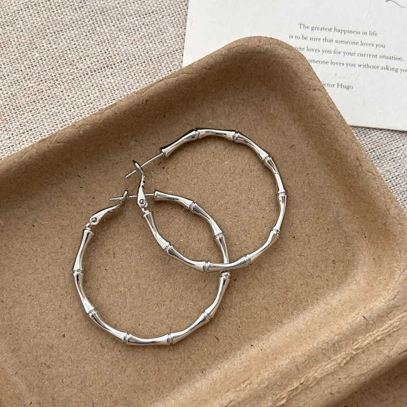 925 Silver Needle Personalized Bamboo Glossy Large Ring Earrings Women's New Light Luxury Premium Earrings Earrings