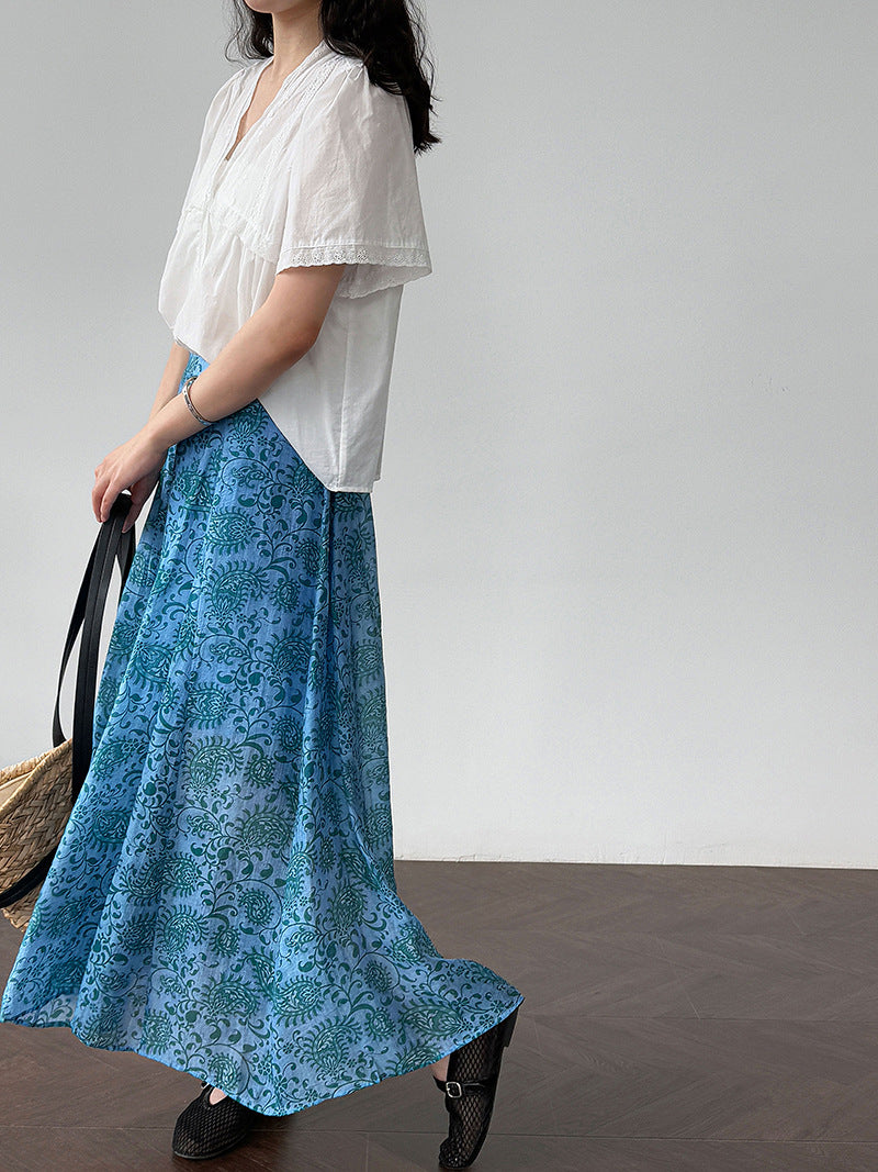 Korean versatile totem print elegant skirt women's summer new thin high-waisted A-shaped skirt
