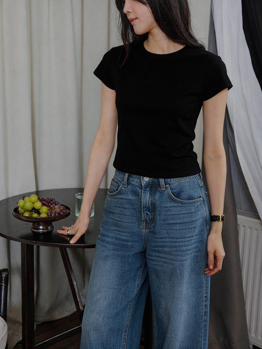 Optional stretch front shoulder slim skin-friendly short-sleeved T-shirt