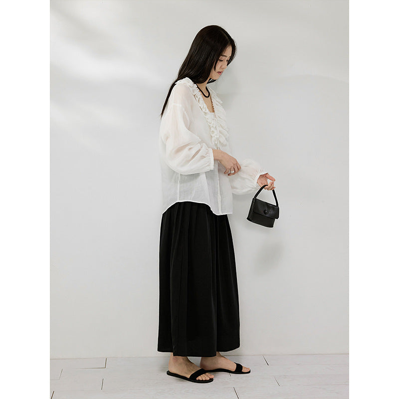 Deep V-neck handmade double-layer lotus leaf edge Tencel ramie shirt