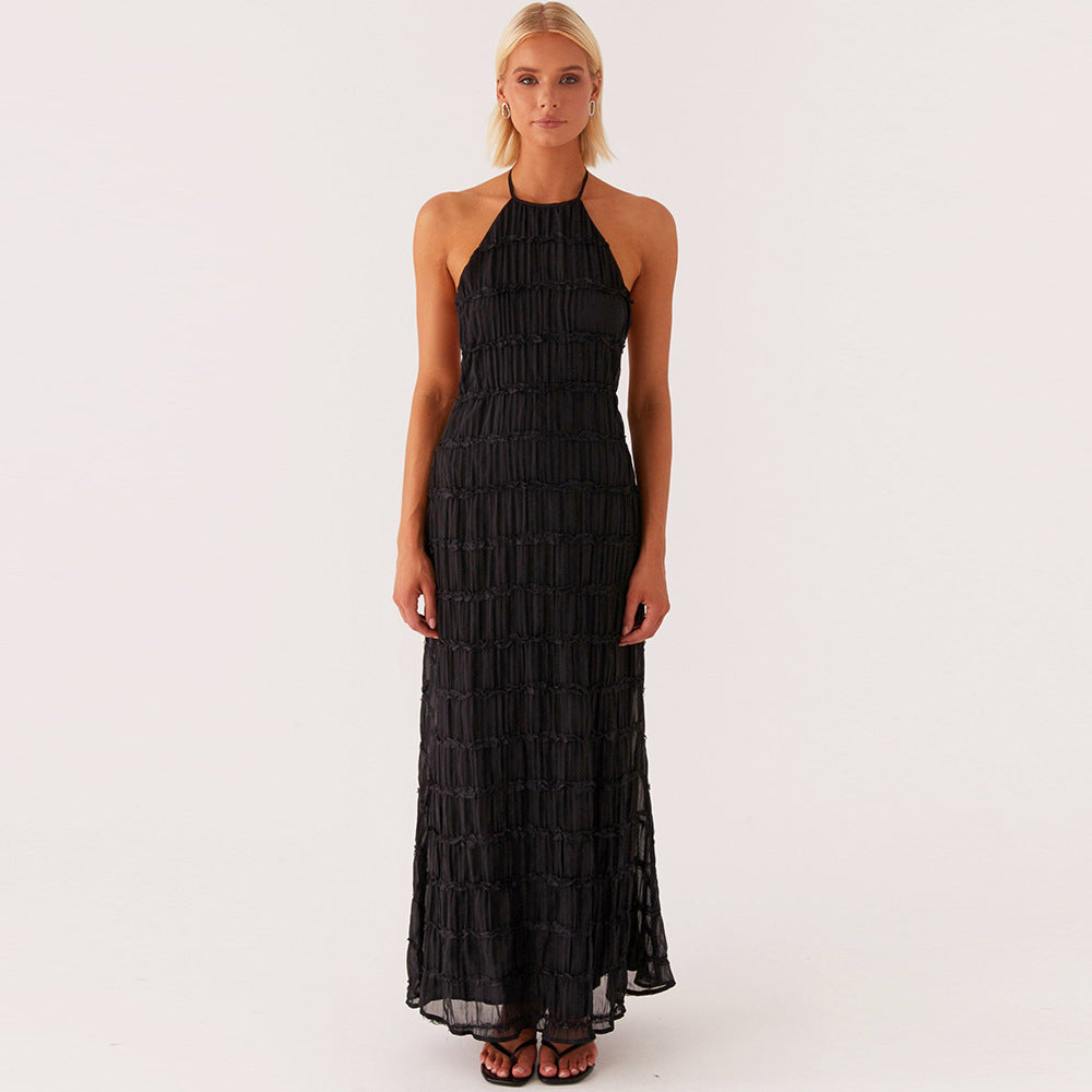 Women's pleated lace sexy halter neck holiday casual suspender dress