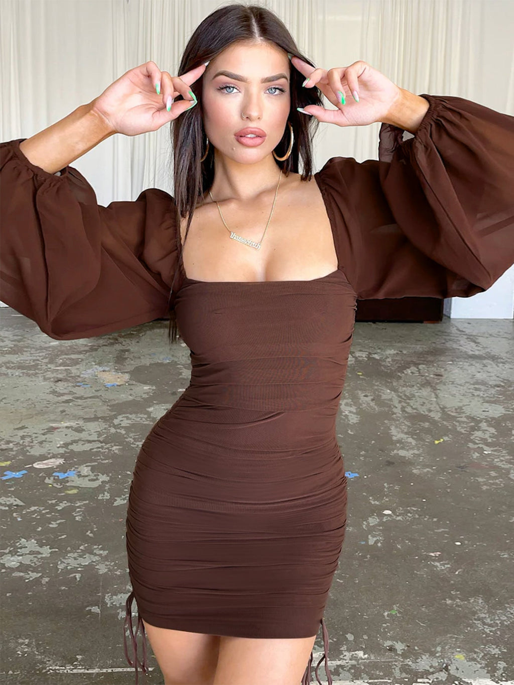 Deep V-Neck Pleated Mini Dress
