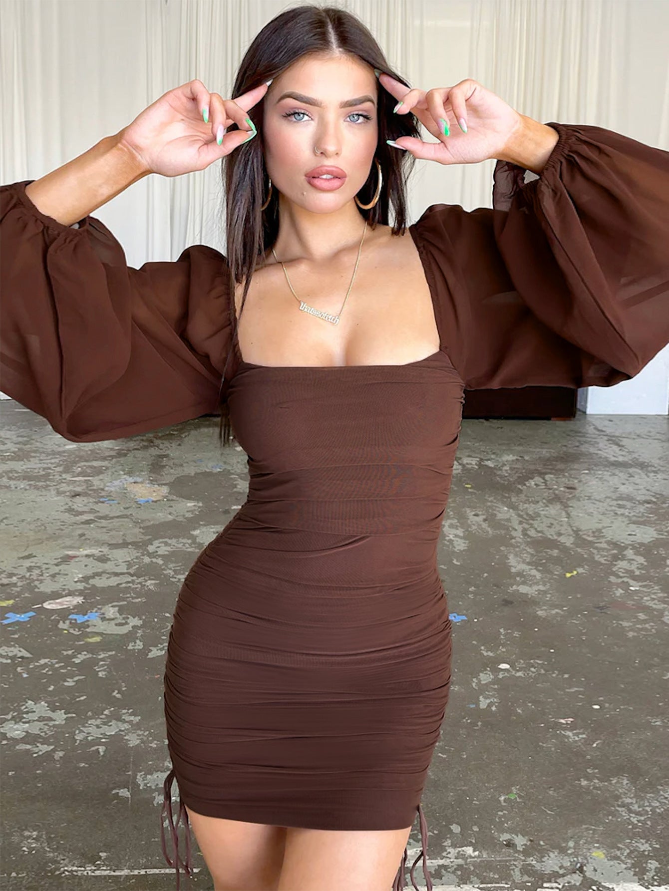 Deep V-Neck Pleated Mini Dress