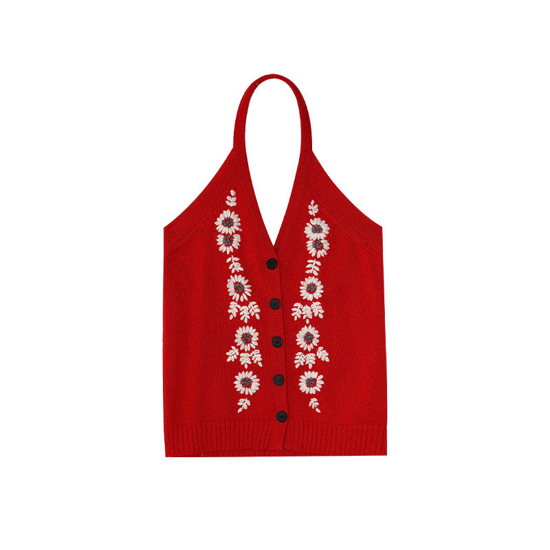 Spice girl sexy backless single-breasted jacquard neck knitted cardigan