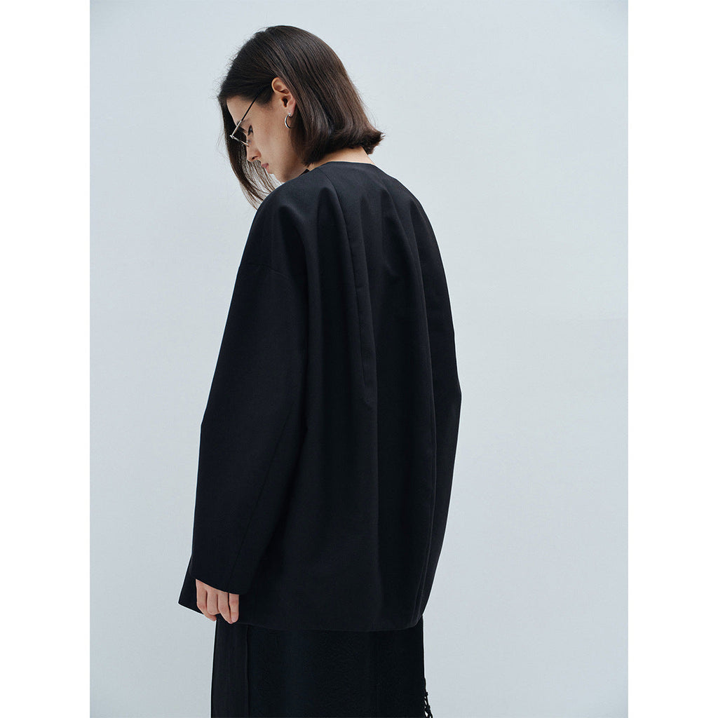 Spring minimalist tencel wool turtle back crew neck loose silhouette jacket