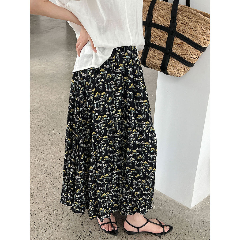 Retro floral skirt women's summer new loose pleated drape high waist a-shaped skirt umbrella skirt