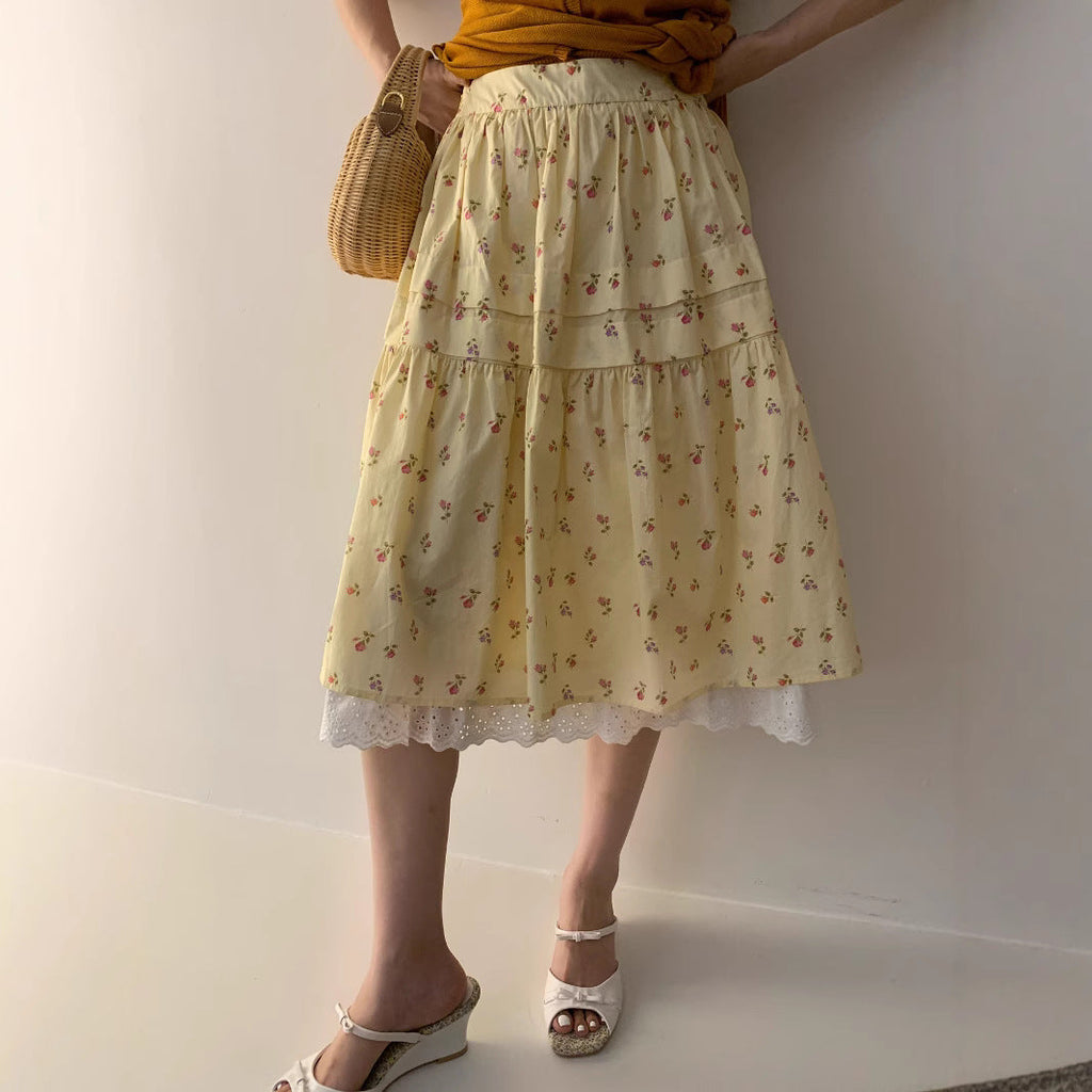 Sweet floral lace mid-length A-shaped skirt