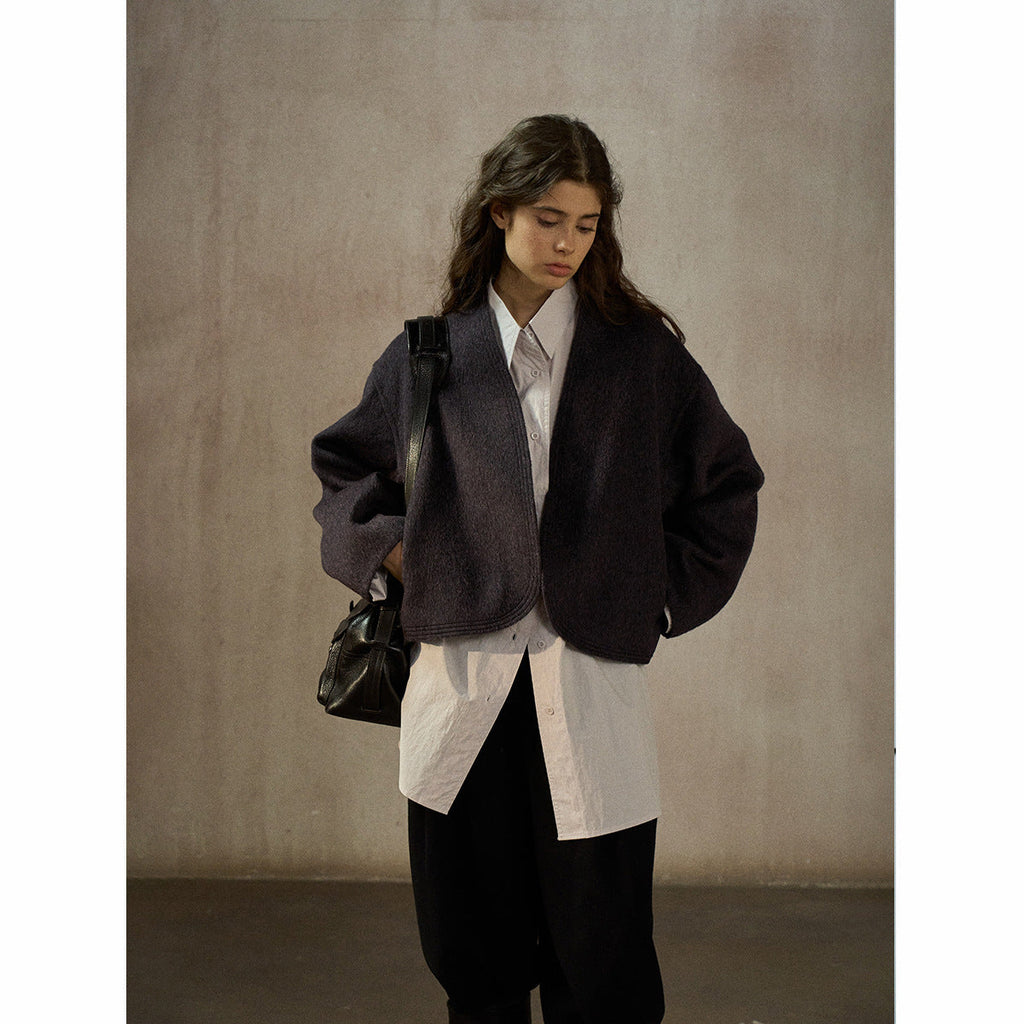 Natural warm wool simple commuter versatile cocoon-shaped truncated pocket double-sided jacket