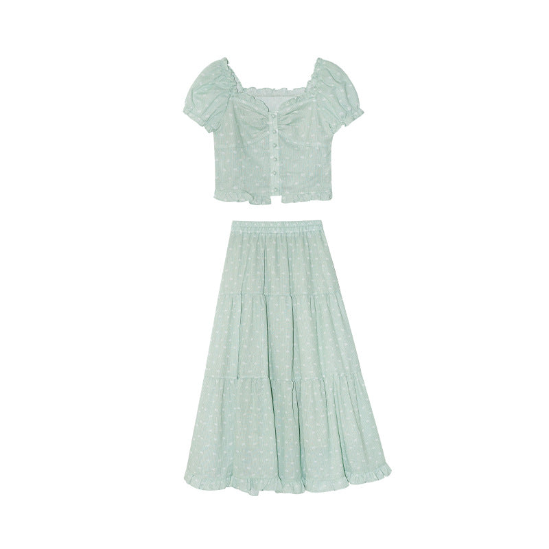Women's Floral Print Puff Sleeve Shirt & A-Line Maxi Skirt Two-Piece Set
