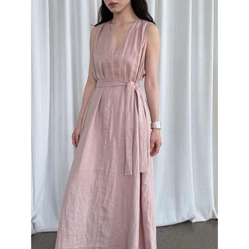 Korean chic niche design v-neck tank dress - new summer collection - 100% ramie waist-cinching dress