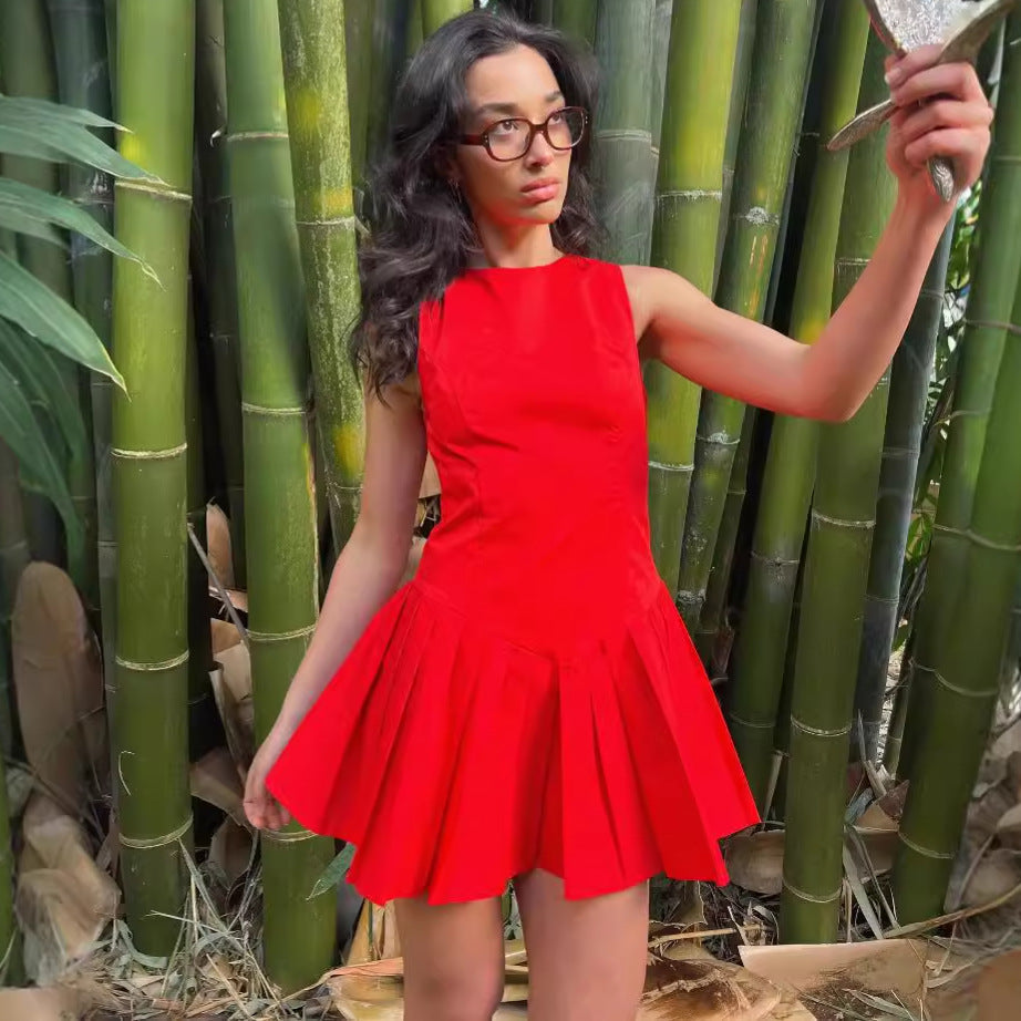 New temperament A-word plaid short skirt fashion design sense contrasting color plaid sleeveless dress women