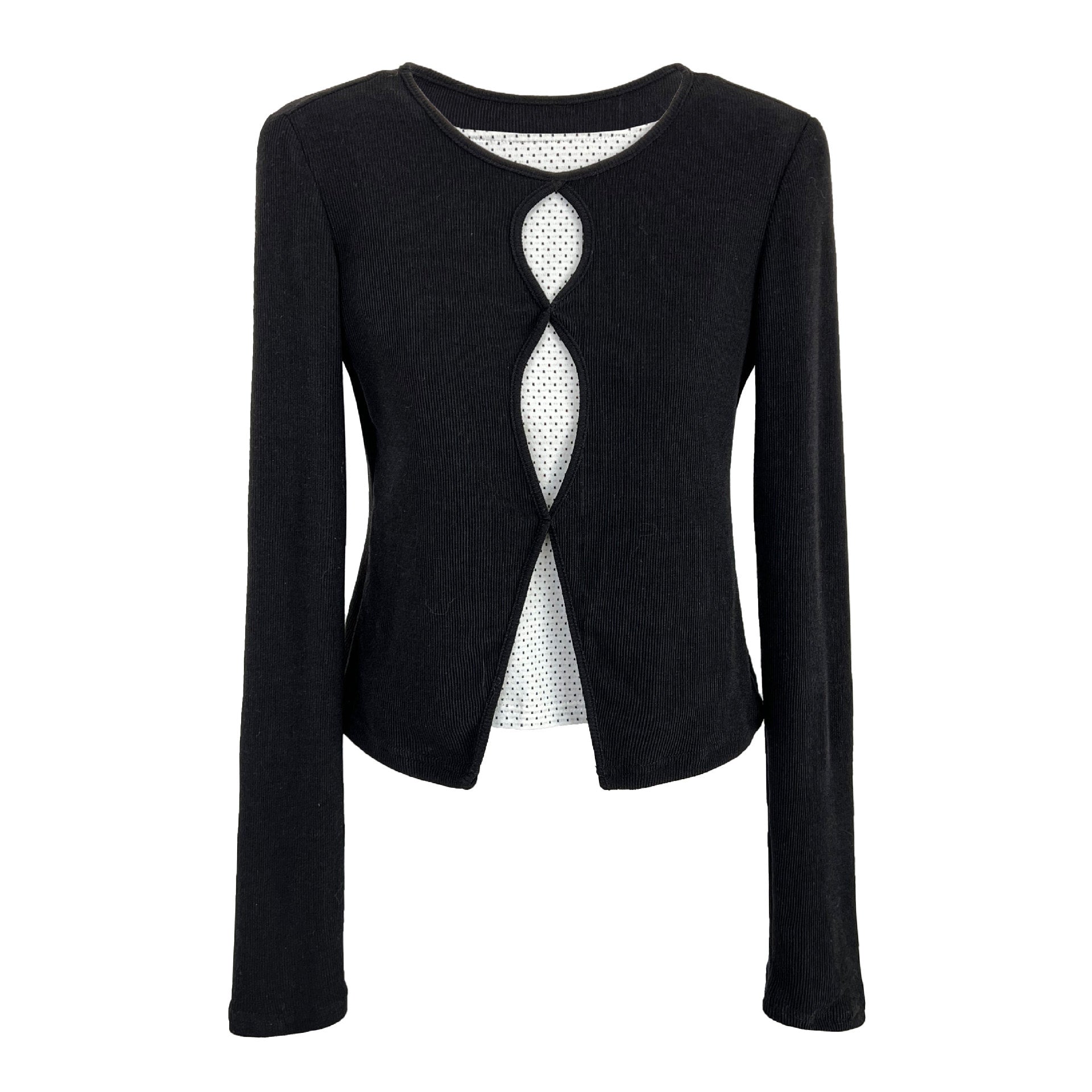 Contrasting fake two-piece splicing hollow polka dot long-sleeved T-shirt women's early spring new slim-fit knitted top
