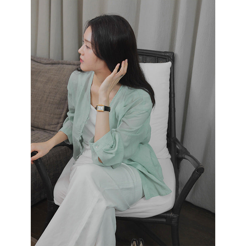 Tencel ramie light V-neck sunscreen shirt