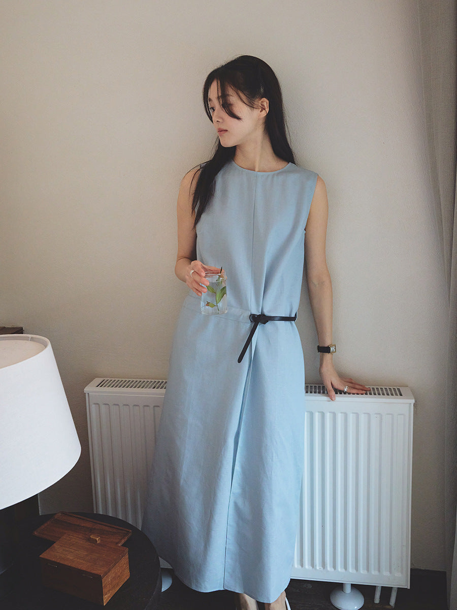 Crew neck linen cotton waist sleeveless vest dress