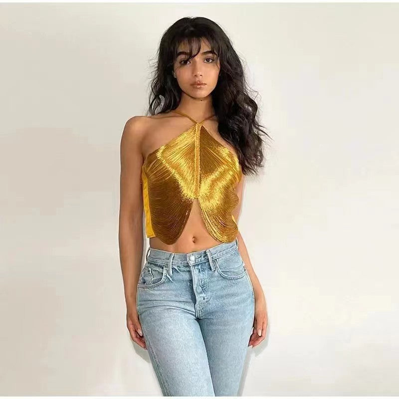 Wind sexy off-the-shoulder sling small vest, irregular fringed neck top