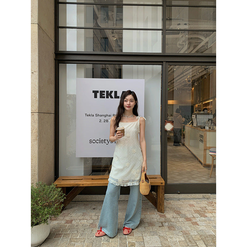 Summer coffee break suspender dress sweet sexy lace-up embroidered dress