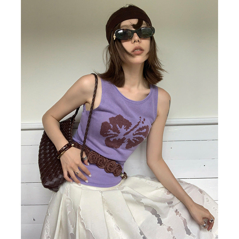 Tencel hemp French knitted top Fuso flower contrasting color curled sleeveless vest