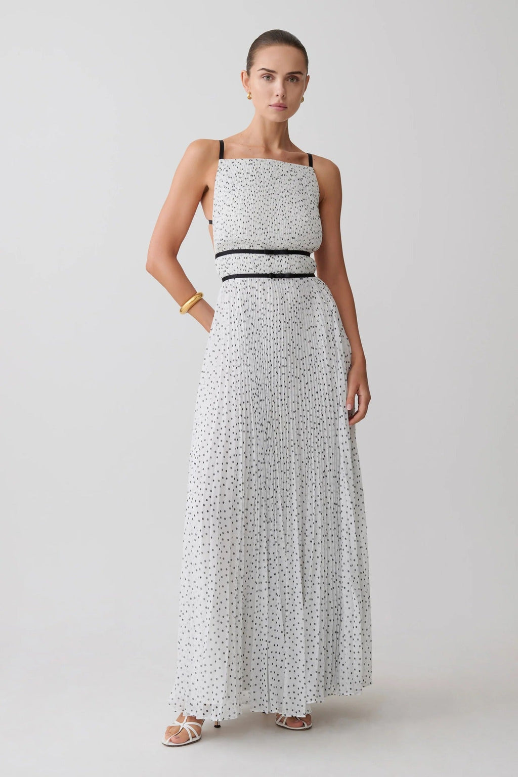French polka dot pleated skirt waist sexy backless holiday style suspender dress