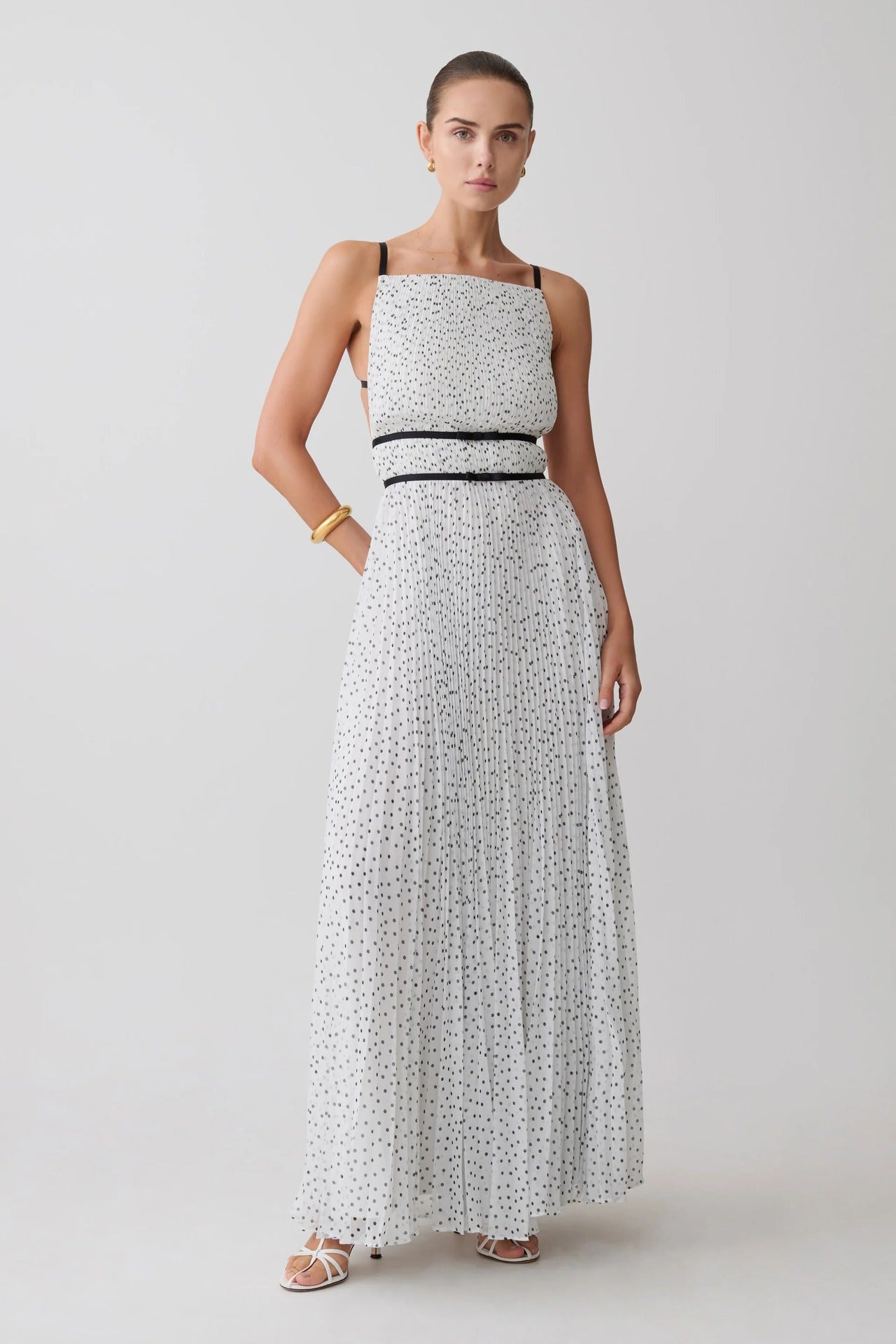 French polka dot pleated skirt waist sexy backless holiday style suspender dress
