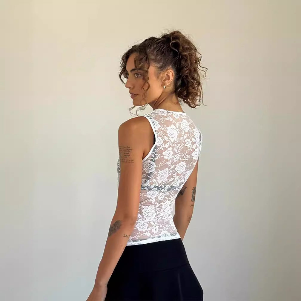Skinny High Elastic Size Rose Perspective Lace Top Crew Neck Sexy Vest Breathable Blouse Pure Desire