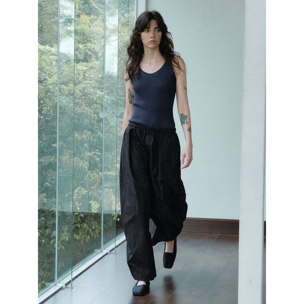 Autumn new relaxed paper wrinkle texture drawstring scimitar casual pants