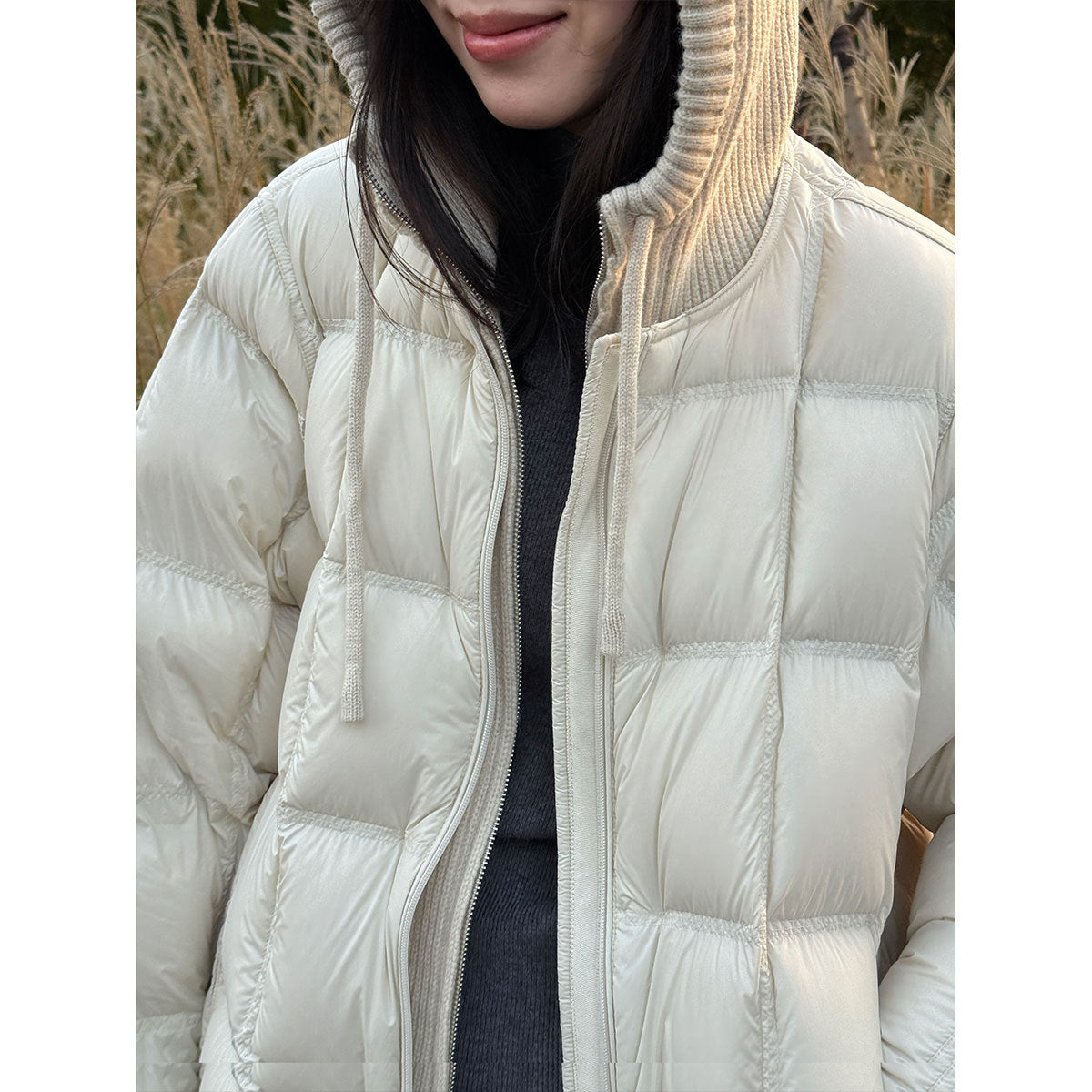 Premium sense knitted hooded splicing 90 white duck down jacket women's winter fake two-piece puff down jacket
