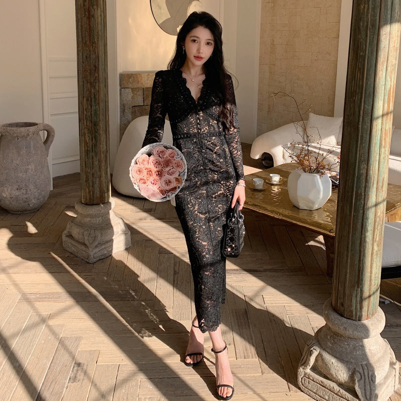 Lace Evening Dress Women V-Neck Long Sleeve High Waist French Style