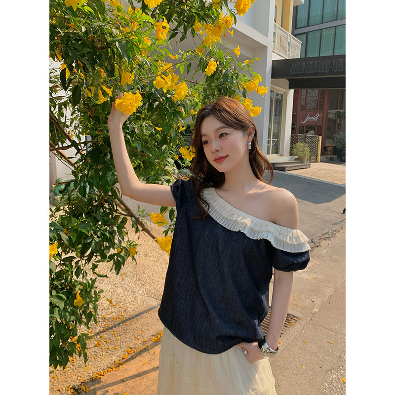 French style retro shirt women's fungus edge denim slanted shoulder top