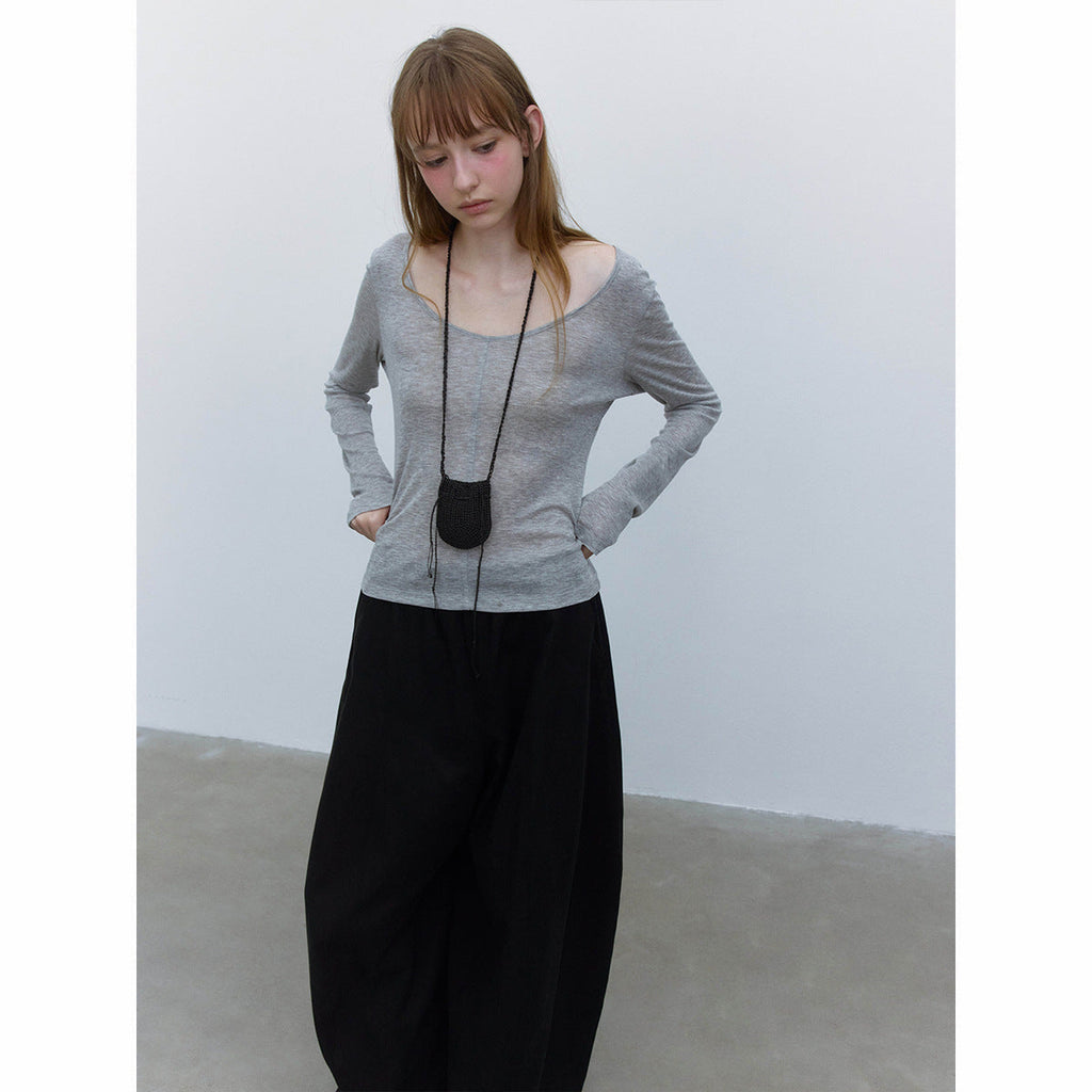 Autumn new casual simple solid color Tencel wool large V-neck easy long-sleeved bottoming shirt