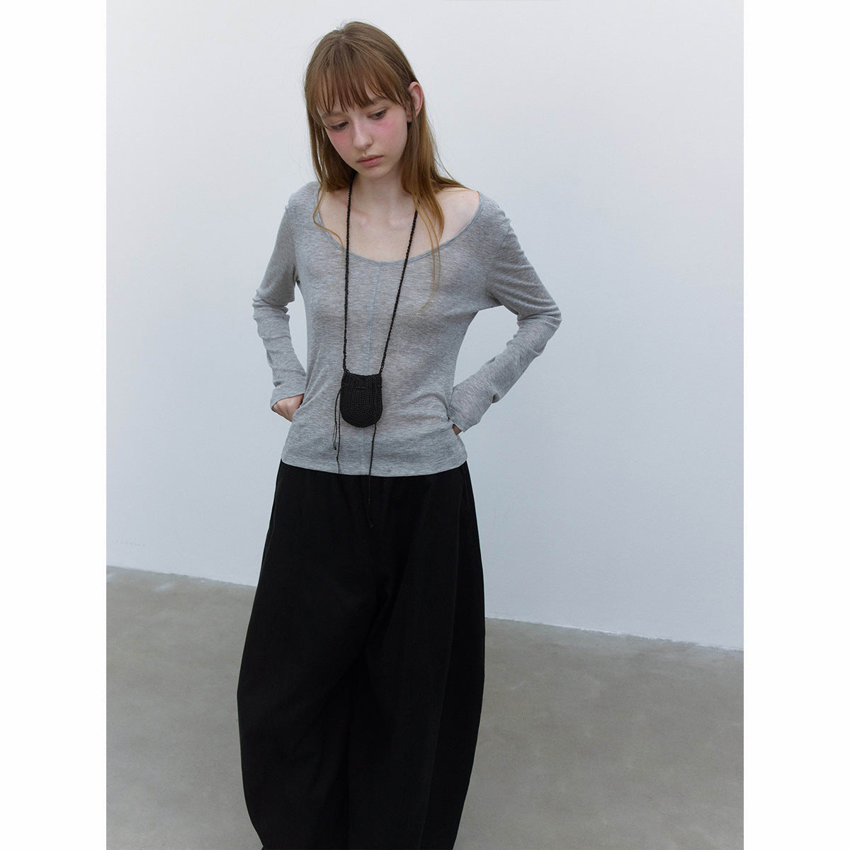 Autumn new casual simple solid color Tencel wool large V-neck easy long-sleeved bottoming shirt