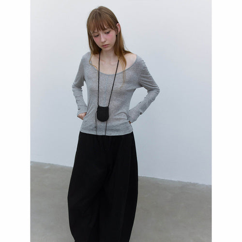 Autumn new casual simple solid color Tencel wool large V-neck easy long-sleeved bottoming shirt