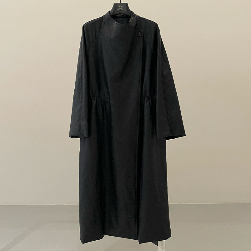 Spring lazy style black stand-up collar long leather trench coat high sense