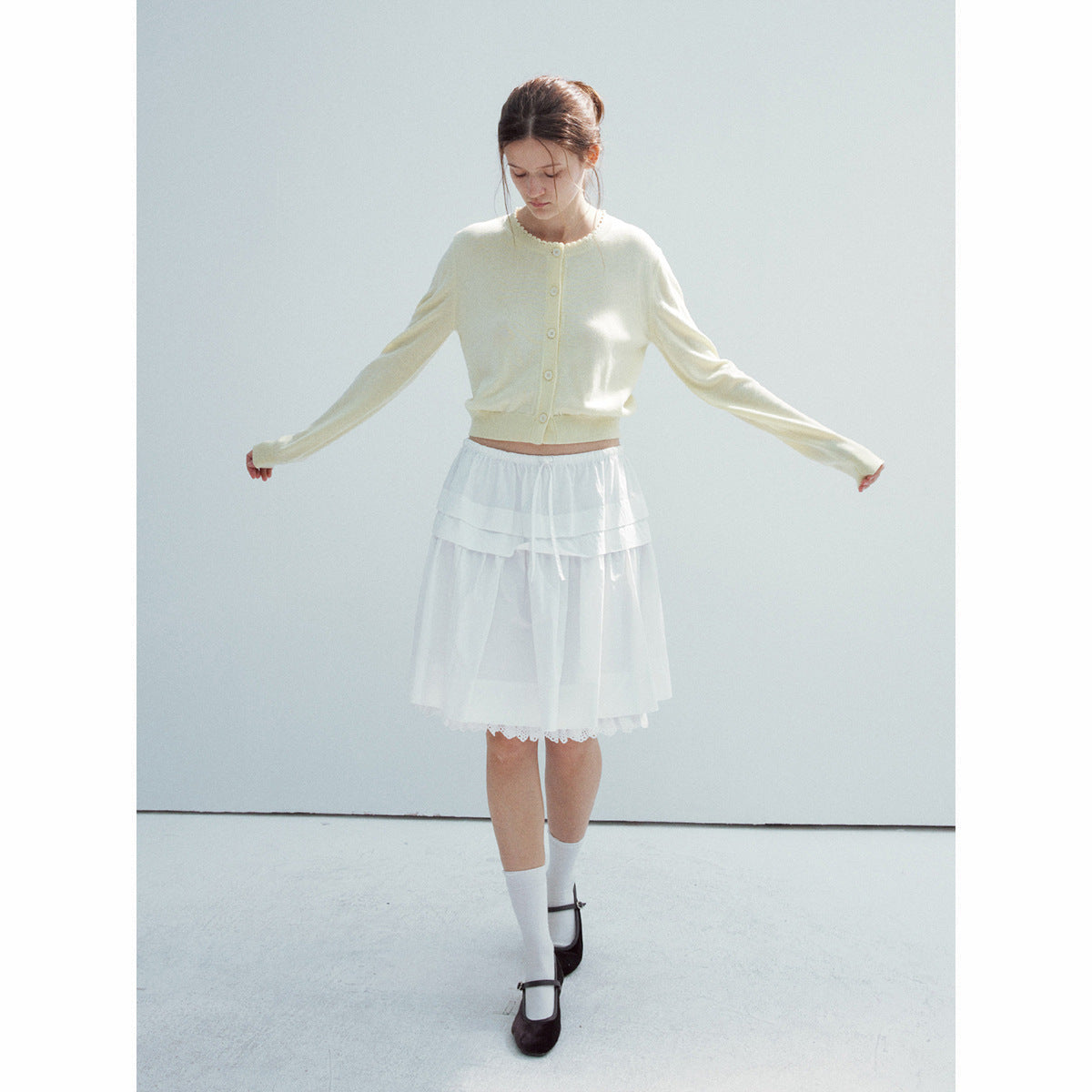 Spring new casual high-waisted drawstring lace cotton brocade solid color splicing short skirt